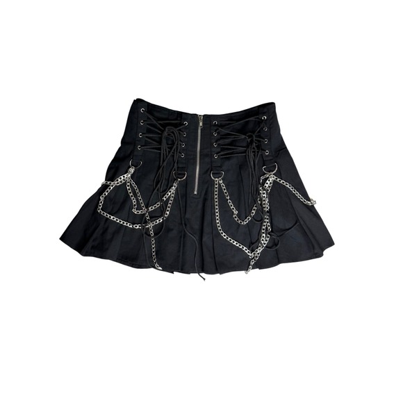 Pentagramme Dresses & Skirts - Pentagramme Black Pleated Gothic Mini Skirt Lace Up Chain Detail XL